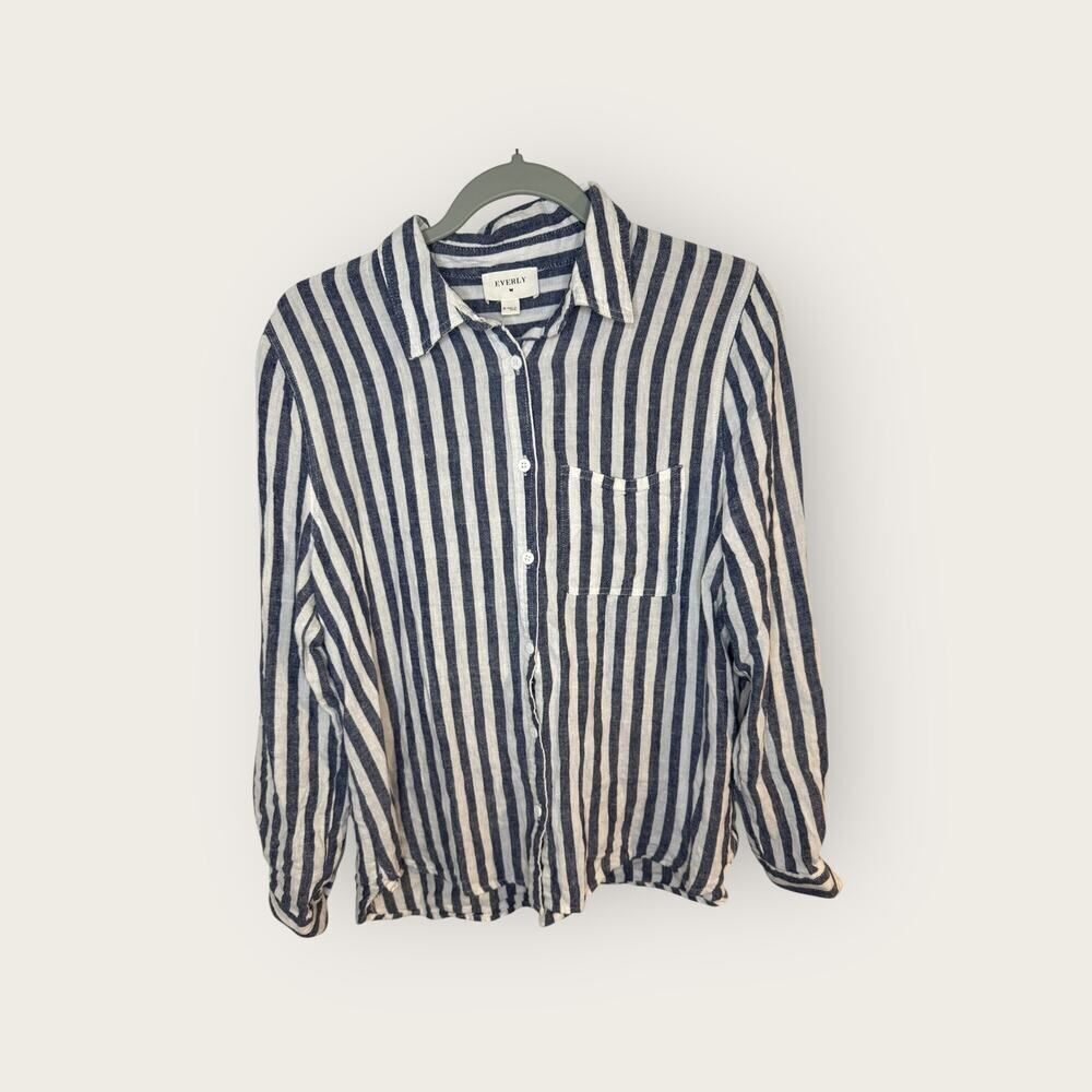 Everly Women’s Button Down Striped Nautical Linen Blend Shirt Size Medium